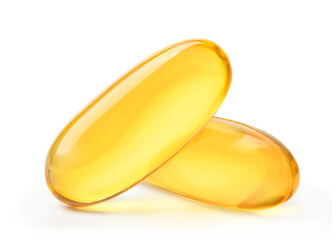 Fish oil soft gel capsules isolated on white. Clipping path.