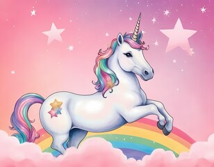Fototapeta premium Majestic Unicorn in a Dreamy Sky with Rainbow with sparkling stars against a soft, pink fantasy sky
