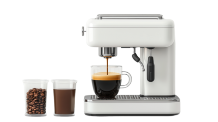 A sleek coffee machine brewing a fresh espresso, with coffee beans and ground coffee in containers, perfect for coffee enthusiasts.