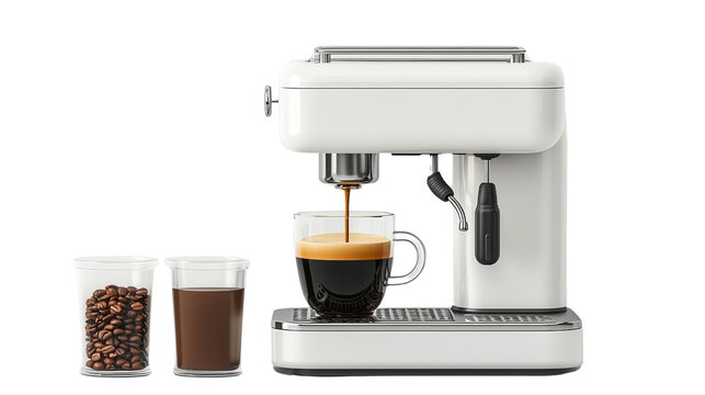 A sleek coffee machine brewing a fresh espresso, with coffee beans and ground coffee in containers, perfect for coffee enthusiasts.