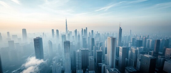 Fototapeta premium Cityscape sunrise, hazy skyline, urban development
