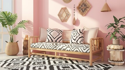 Living room with pastel pink walls, wooden furniture, and a sofa decorated in geometric patterns. Modern and elegant.