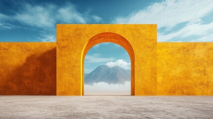 Vibrant yellow archway leading to a misty mountain landscape under a blue sky with clouds