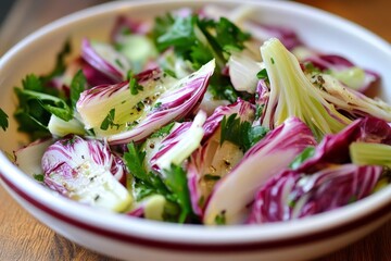 Close-up of a mixed salad with watercress, lettuce, and radicchio on a black plate.