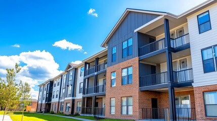 Fototapeta premium Modern apartment building with balconies under a bright blue sky, surrounded by green grass and trees