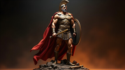 A powerful statue of Mars, the Roman god of war, standing in full armor with a sword and shield. Cloaked in red, he exudes strength and determination, embodying war and valor.