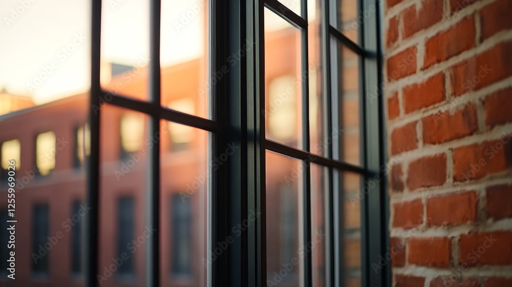 Aufkleber close-up view of a modern window frame reflecting a brick building during sunset in an urban setting