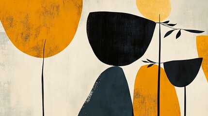 Abstract Modern Art Featuring Orange Black and Cream Shapes