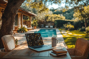 Outdoor workspace by a pool Relaxing work environment with a laptop books and a refreshing drink