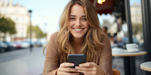 Fototapeta premium Smiling woman using smartphone at outdoor cafe in city
