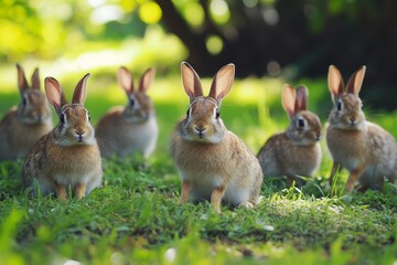 A group of rabbits in green grass with a blurred background, a realistic photo shoot, soft lighting, and warm colors.