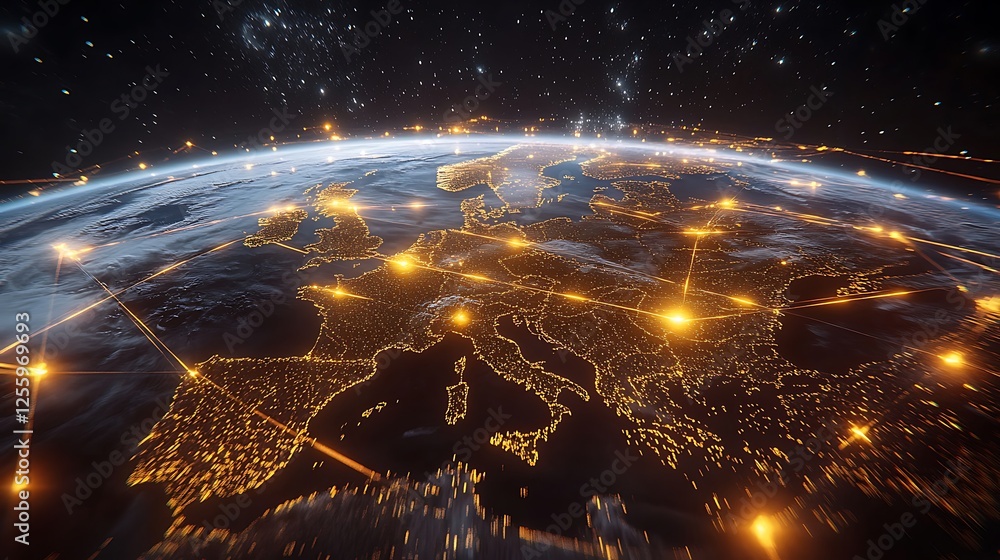 Poster digital earth with glowing data lines in space, a globe with yellow and white lines connection