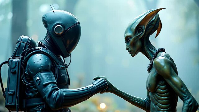 A futuristic astronaut and an alien being share a handshake in a mystical forest, symbolizing first contact, peace, and intergalactic diplomacy