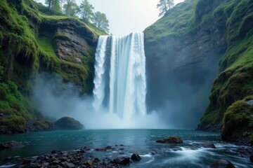 Fototapeta premium Mist rises from rocky base of cascading Bridal Veil Falls, nature, terrain, falls
