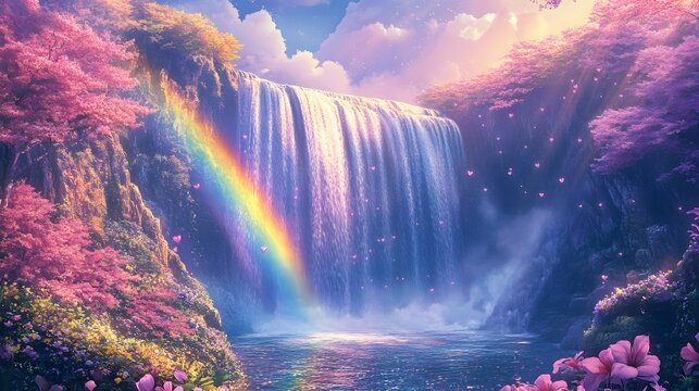 Majestic waterfalls cascading, vibrant rainbow arching over lush, colorful landscape, serene nature scene invites reflection.