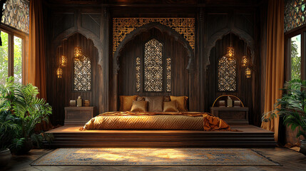 Ornate bedroom interior, wooden decor, platform bed, morning sunlight