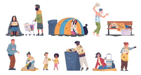 Homeless people. Poor characters on street, poverty beggar bum tramp hobo dirty shaggy man hungry woman unemployed begging person living low life cartoon classy vector illustration