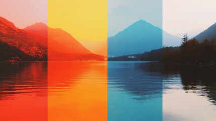 Vibrant colors paint a serene lakeside scene. Mountains reflect in the calm water, creating a stunning, contrasting landscape.
