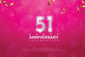 51th Anniversary celebration, 51 Anniversary celebration, Realistic 3d sign, stars, Pink background, festive illustration, Silver number 51 sparkling confetti, 51,52