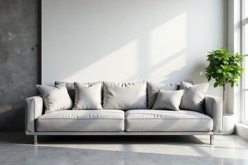 Sleek grey sofa, plush cushions, minimalist setting, interior, simple, photoshoot
