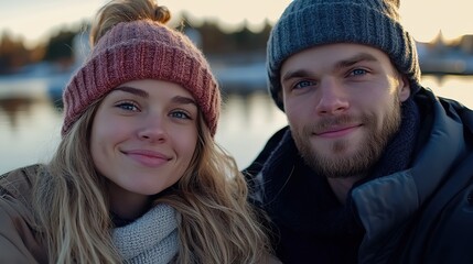 happy togetherness, smiling multiracial young woman and man love couple together at outdoor winter town wearing winter jacket and wool cap