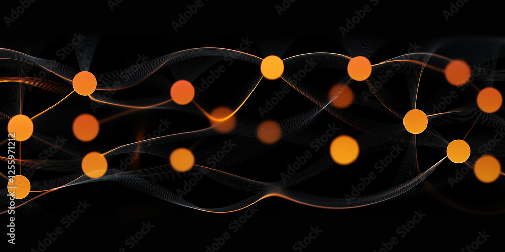 Poster orange nodes connecting and glowing on black background