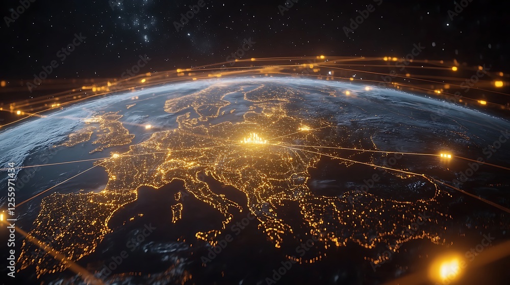 Poster digital earth with glowing data lines in space, a globe with yellow and white lines connection