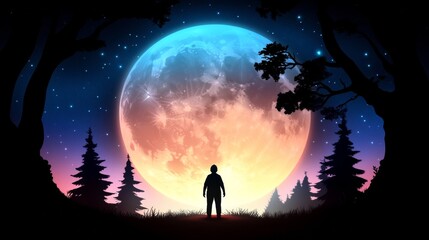 Silhouette of a person standing before a large, colorful moon in a night forest. A magical scene.