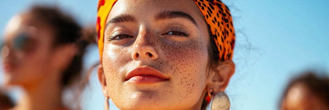 Close-up Portrait of Freckled Woman with Headband and Earrings