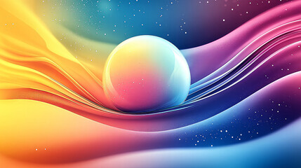 Futuristic glass sphere resting on smooth colorful waves, 8K