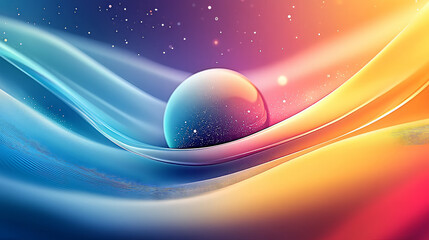 Futuristic glass sphere resting on smooth colorful waves, 8K