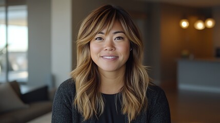 Fototapeta premium woman portrait documentary style, Asian woman at cozy condominium room 