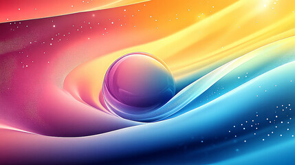 Futuristic glass sphere resting on smooth colorful waves, 8K