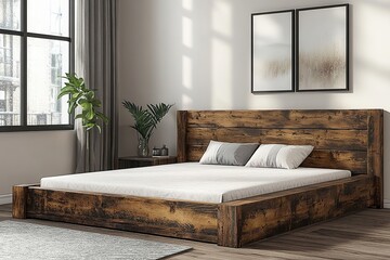  Rustic wooden bed frame with thick slatted base rich walnut woodgrain texture, strong and wide slats for extra reinforcement, low-profile frame blending perfectly with cozy farmhouse interiors.