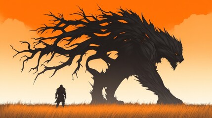 Silhouette of a man facing a massive, tree-like beast at sunset. An ominous yet captivating scene.