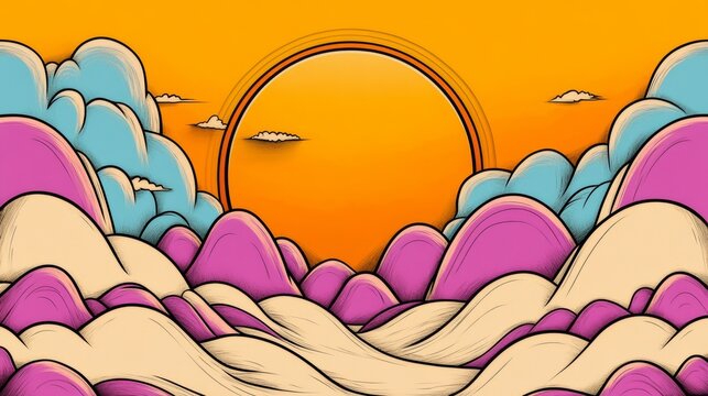 Vibrant sunset over a whimsical landscape of rolling hills and fluffy clouds.  A dreamy, colorful illustration.
