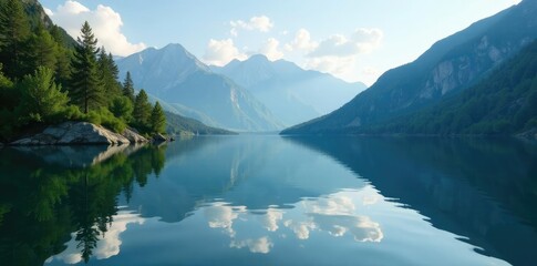 Reflections on calm lake water with surrounding mountains and trees, reflection, lake