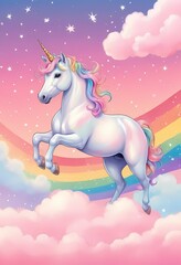 Fototapeta premium Majestic Unicorn in a Dreamy Sky with Rainbow with sparkling stars against a soft, pink fantasy sky