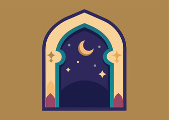 Ramadan Mubarak, Elegant Islamic Arch Frame Design with Crescent Moon, Perfect for Festive Greetings