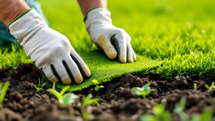 Gardener installing fresh sod rolls for a perfect lawn