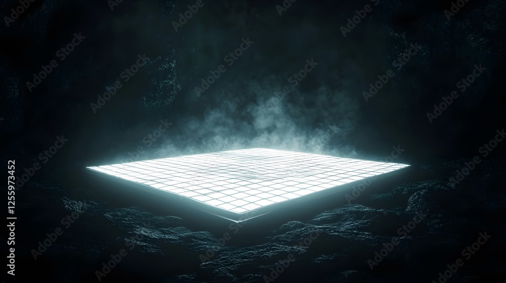Poster illuminated grid platform in dark cave setting