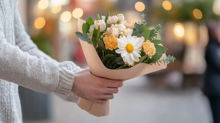 Man presents beautiful flowers to woman on International Women's Day celebration