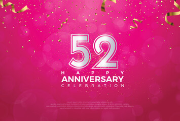 52th Anniversary celebration, 52 Anniversary celebration, Realistic 3d sign, stars, Pink background, festive illustration, Silver number 52 sparkling confetti, 52,53
