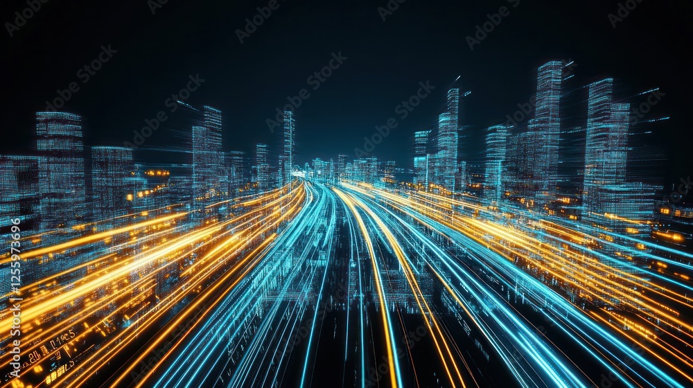 Poster futuristic cityscape with dynamic light trails and digital architecture