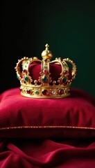 Fototapeta premium Regal golden crown atop plush velvet pillow adorned with sparkling rubies and emeralds, luxury, treasure, gold