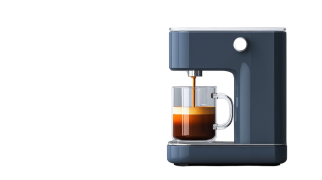 A sleek coffee machine brewing a fresh cup of coffee, design highlights modern aesthetics and functionality.