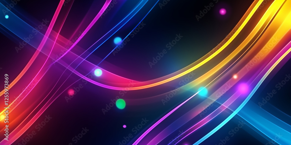 Poster Colorful light trails flowing on dark background with bokeh effect