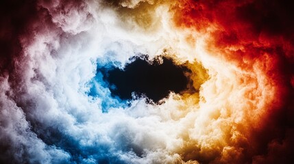 Abstract image of swirling clouds in vibrant hues of blue, orange, and red, creating a dramatic and colorful composition.