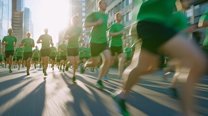 Runners in green celebrating St. Patricks Day at a charity marathon under bright sunlight