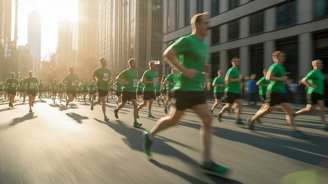 Runners dressed in green celebrate St. Patrick's Day during charity marathon in sunlight
